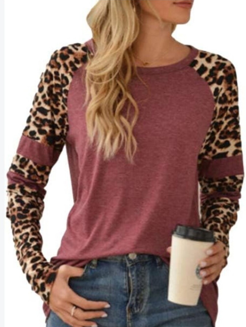 NWT Dark Mauve Top with Long Leopard Stadium Accent Sleeves - L
